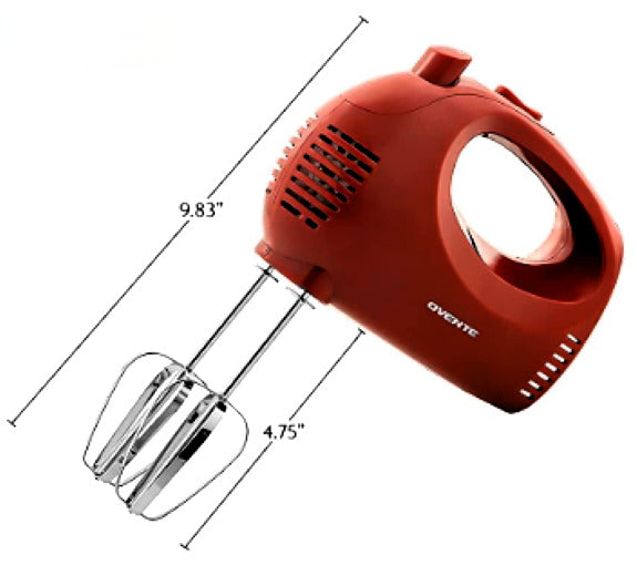 OVENTE Portable 5 Speed Hand Mixer W/ SS Whisk Beaters - Red - No Storage Case