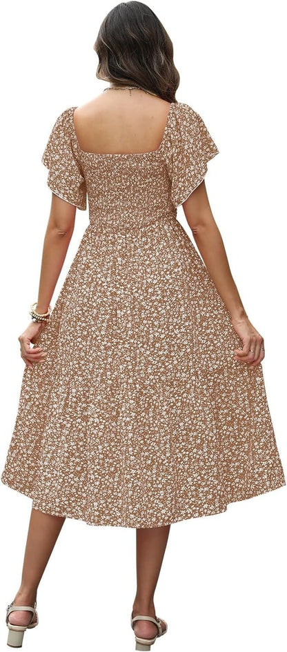 Quatrefox Women's Summer Casual Floral Dress Beach Vacation Midi Sundress, siz M