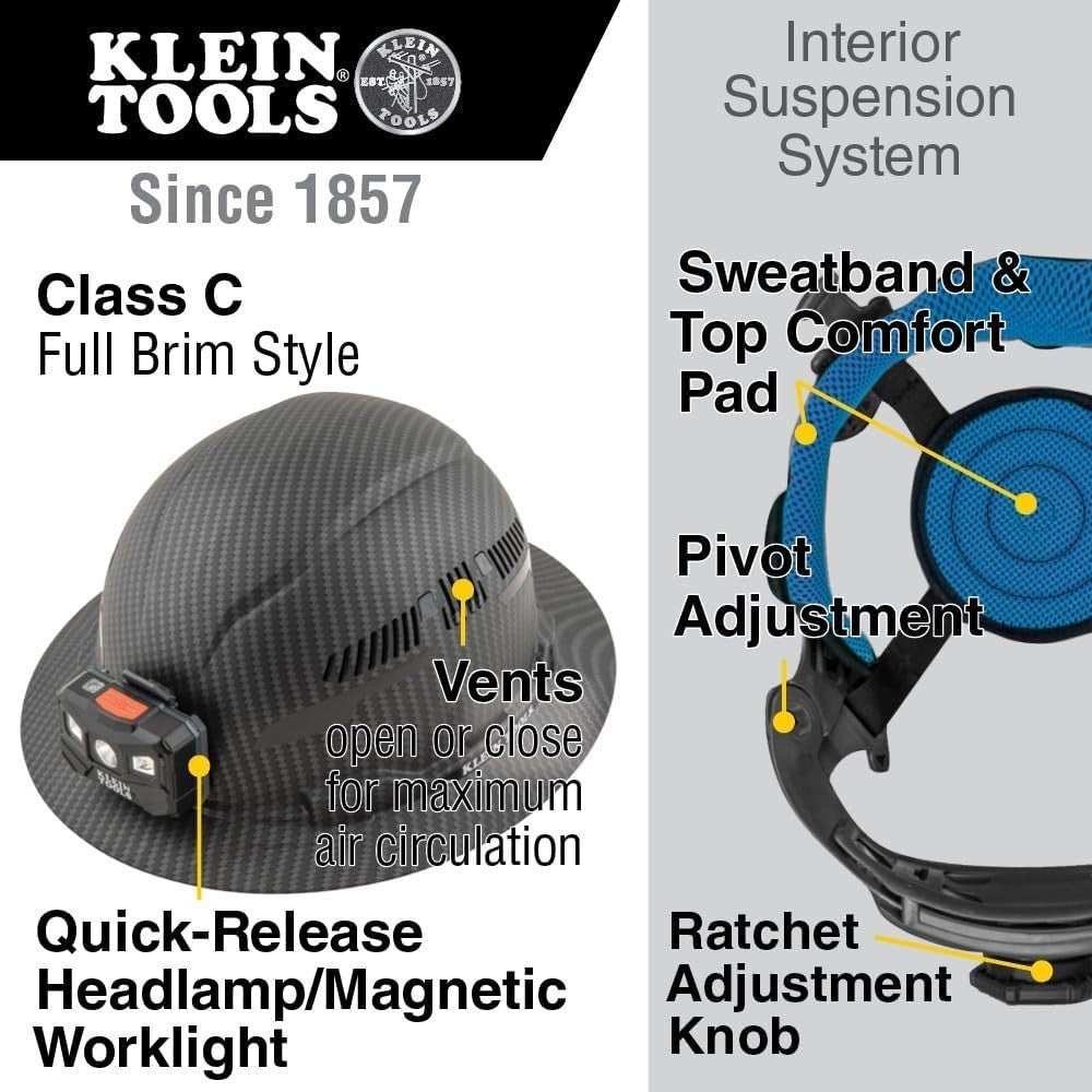Klein Tools 60347 Hard Hat, Vented Full Brim, Class C, Premium KARBN Pattern
