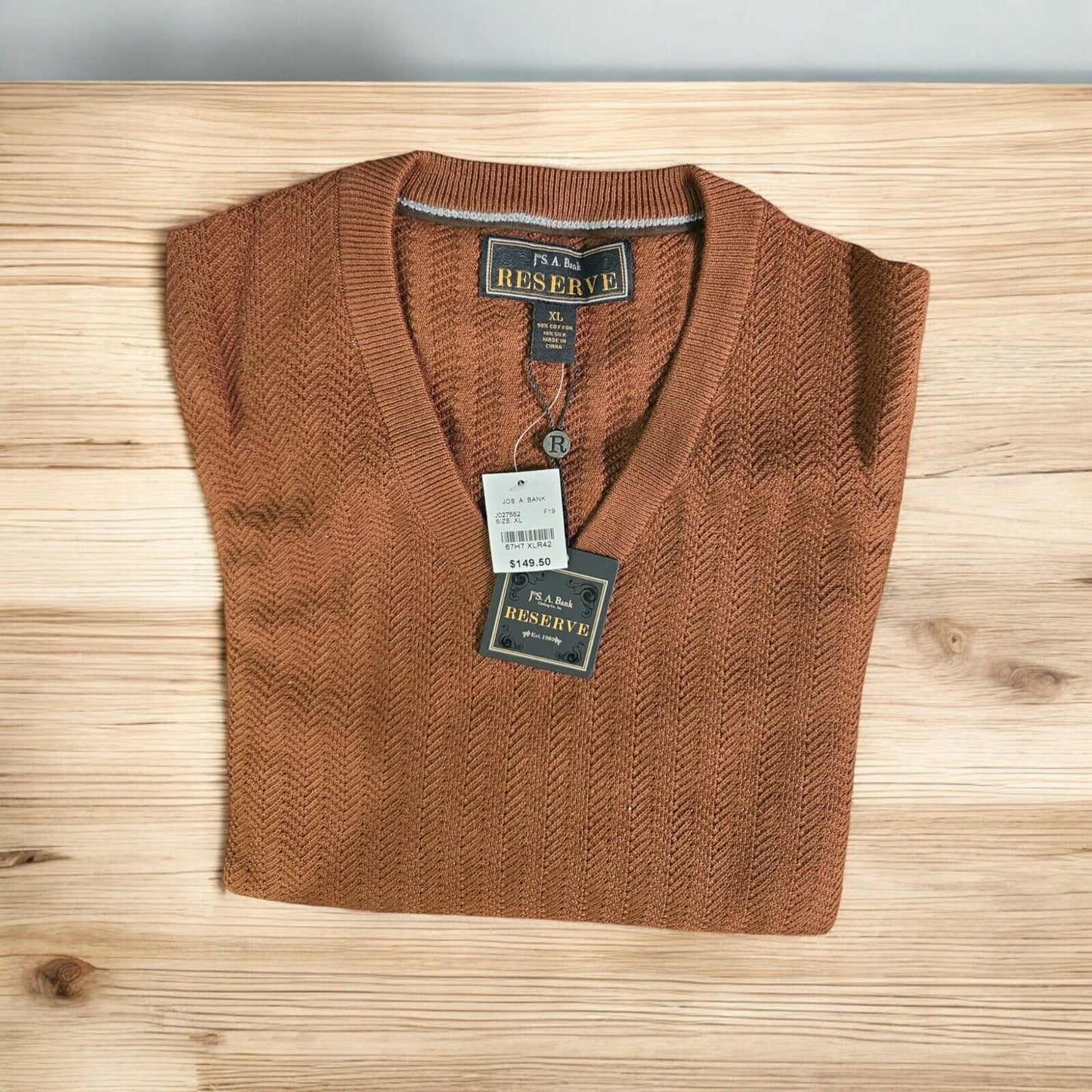 Jos. A. Bank Reserve Collection Cotton & Silk Herringbone V-Neck Sweater, XL