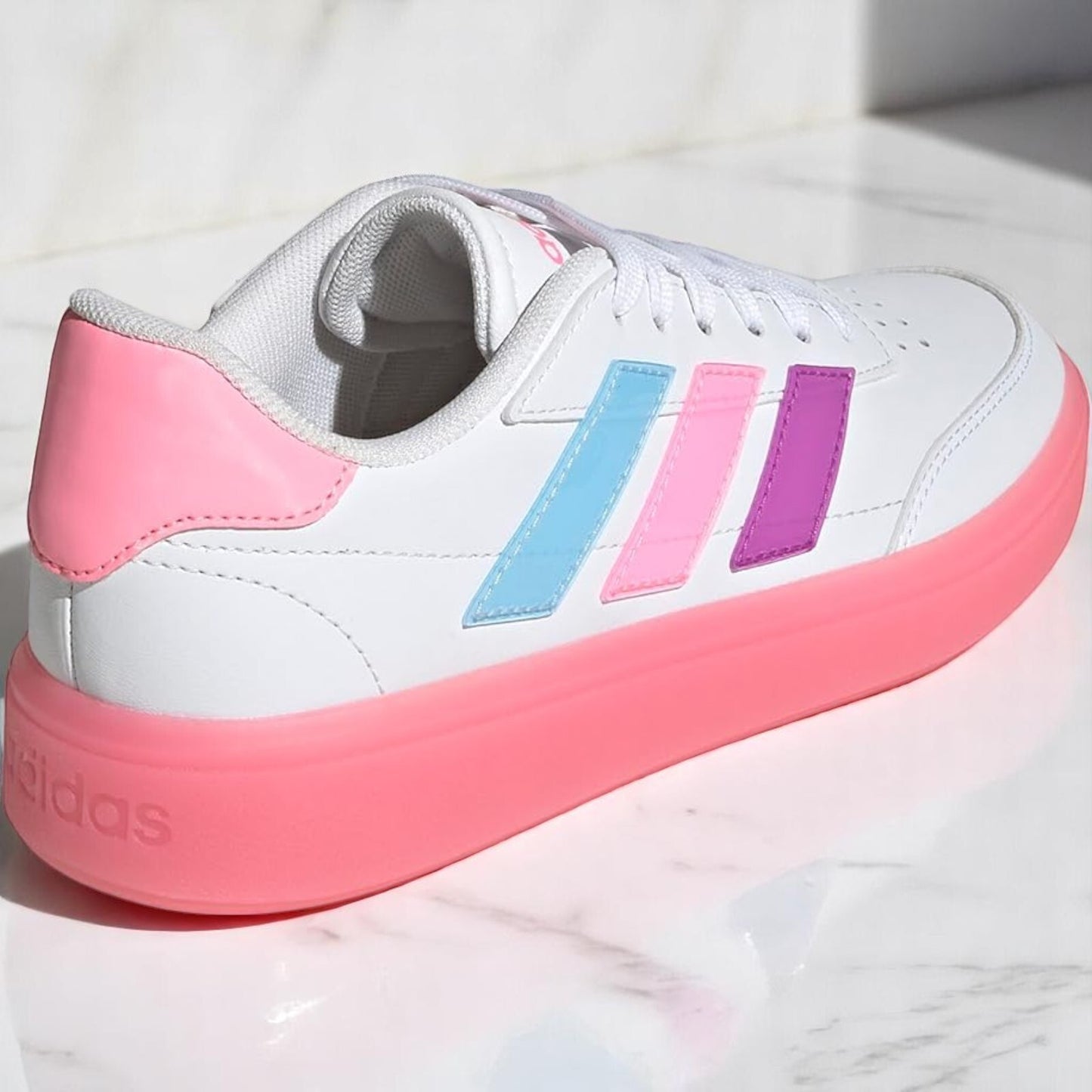 Adidas Court Block El C Youth Kids Tennis Shoes White, Pink, Purple and Blue