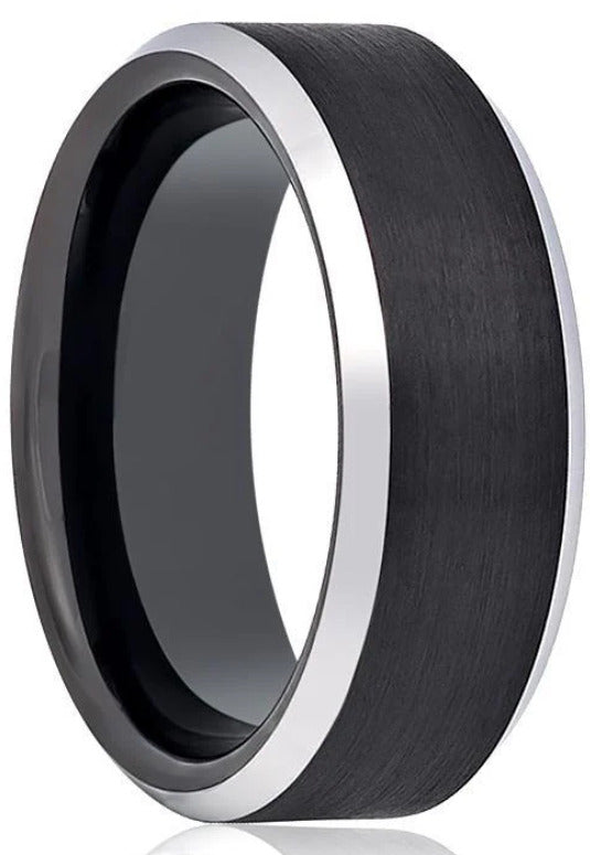 8mm BEVELED EDGE BRUSHED BLACK CENTER TUNGSTEN BAND