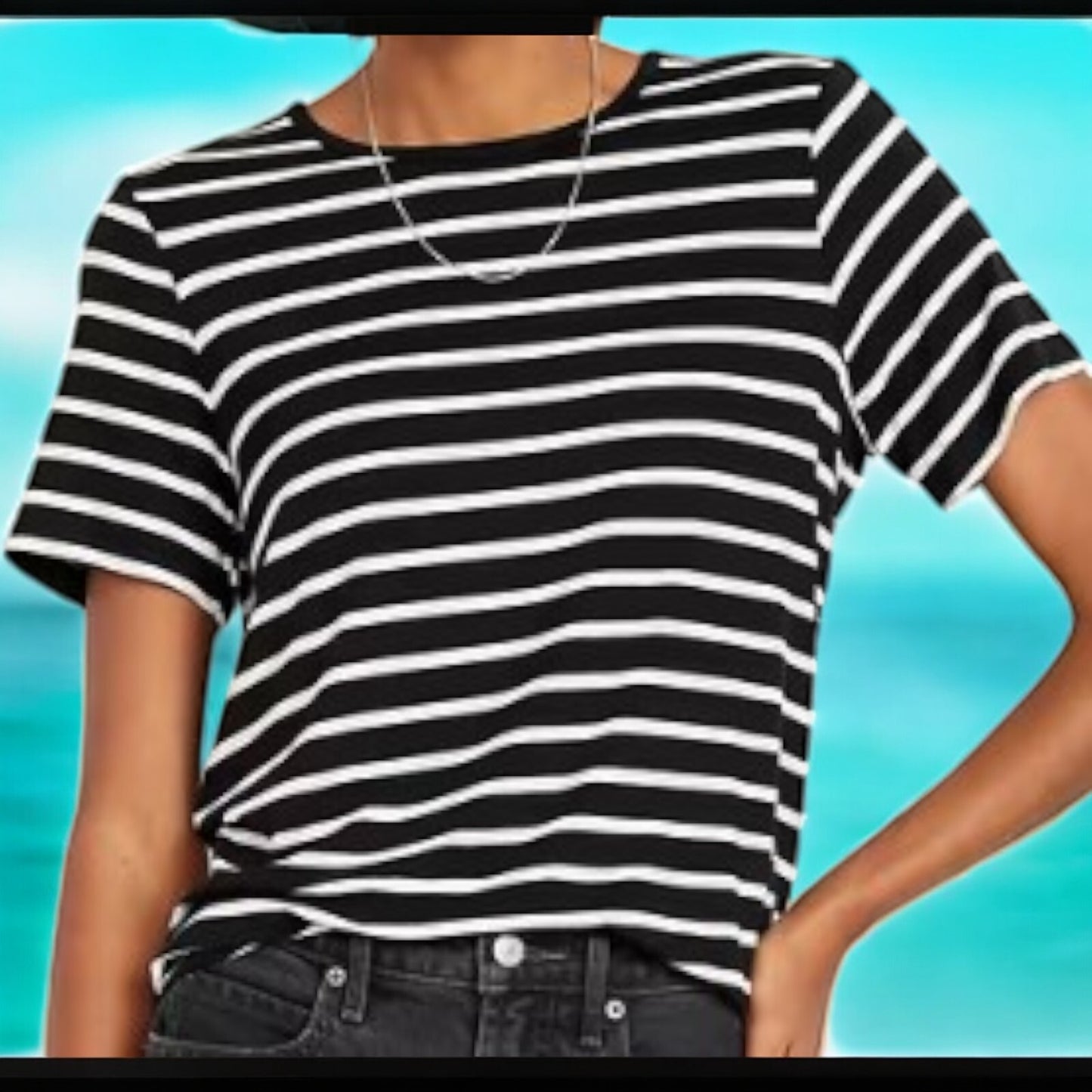 OLD NAVY LUXE PULLOVER T~SHIRT TOP - STRIPED SHORT SLEEVE CREW NECK BLACK/WHITE
