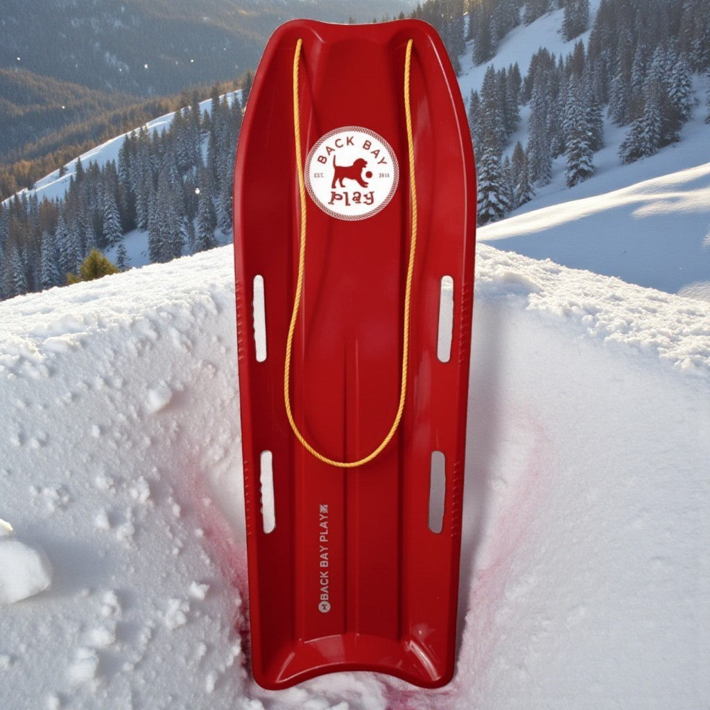 2 Pack Red Snow Sled with Pull Rope 47" Plastic Downhill Winter Toboggan Sled