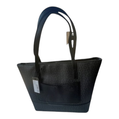 GUESS Black Logo Large Tote Bag Zip Closure Double Handles Pouch Silver Hardware
