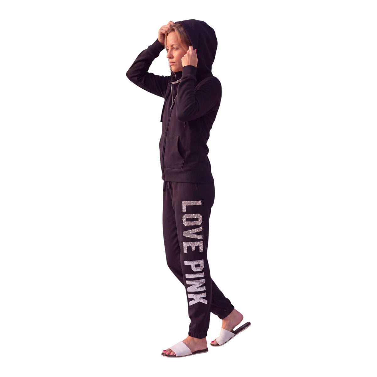 Pink by Victoria's Secret Matching Hoodie and Joggers Black w/ Silver