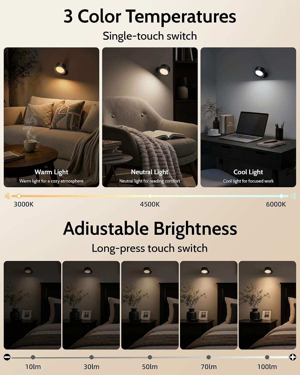 Rechargeable Wall Sconces with Remote, Magnetic Wall Lights, Black 3 Color Temp