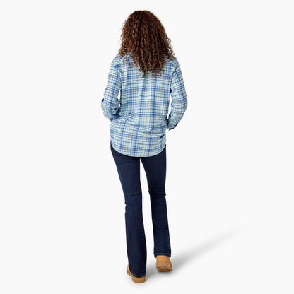 Women's Plaid Flannel Long Sleeve Shirt, Clear Blue Asymetrical Orchard Plaid, M