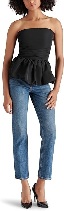 Steve Madden Amari Strapless Top Black Bubble Hem Peplum
