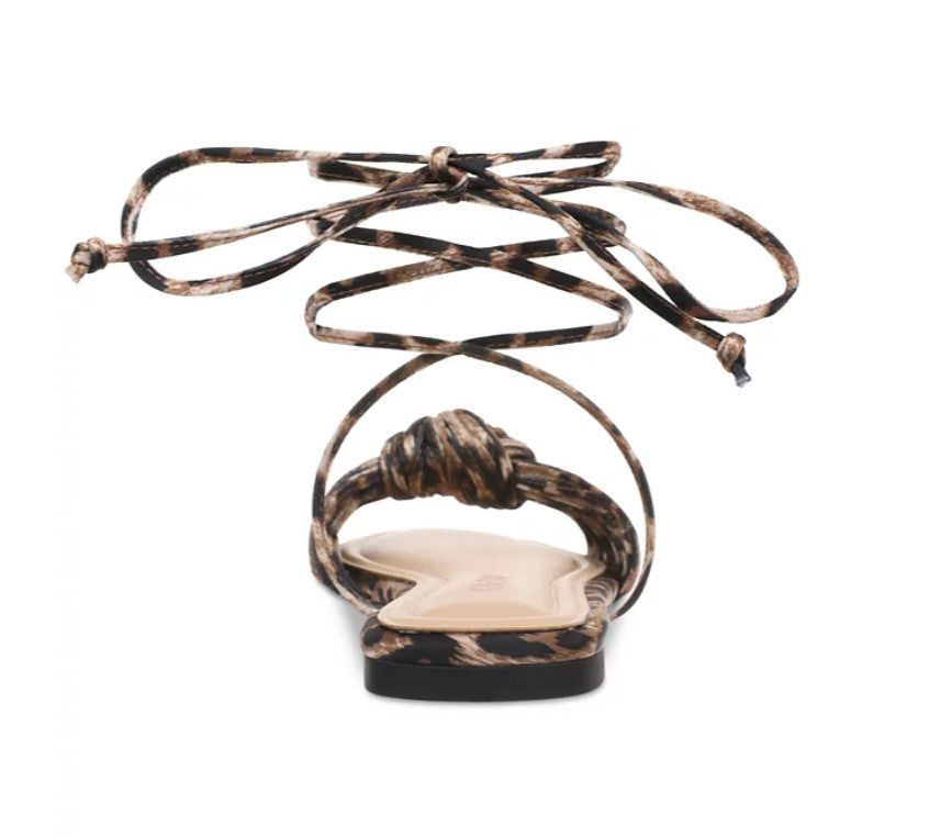 On 34th Leopard Women Jennie Flat Sandals Ankle Tie Strap Man Made Round Toe