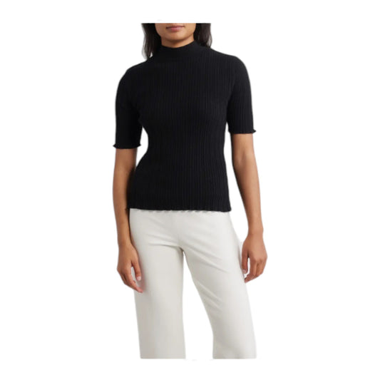 Mock Neck Short Sleeve Cotton Blend Sweater Anne Klein - Black - M