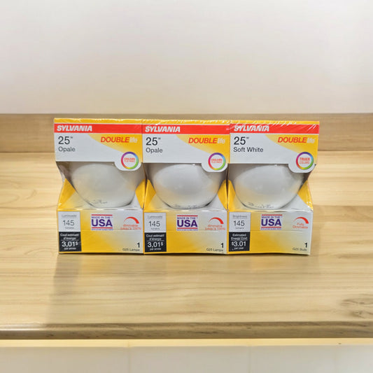 Sylvania 25 W Double Life G25 Dimmable Bulbs, Soft White, 3 Pack!