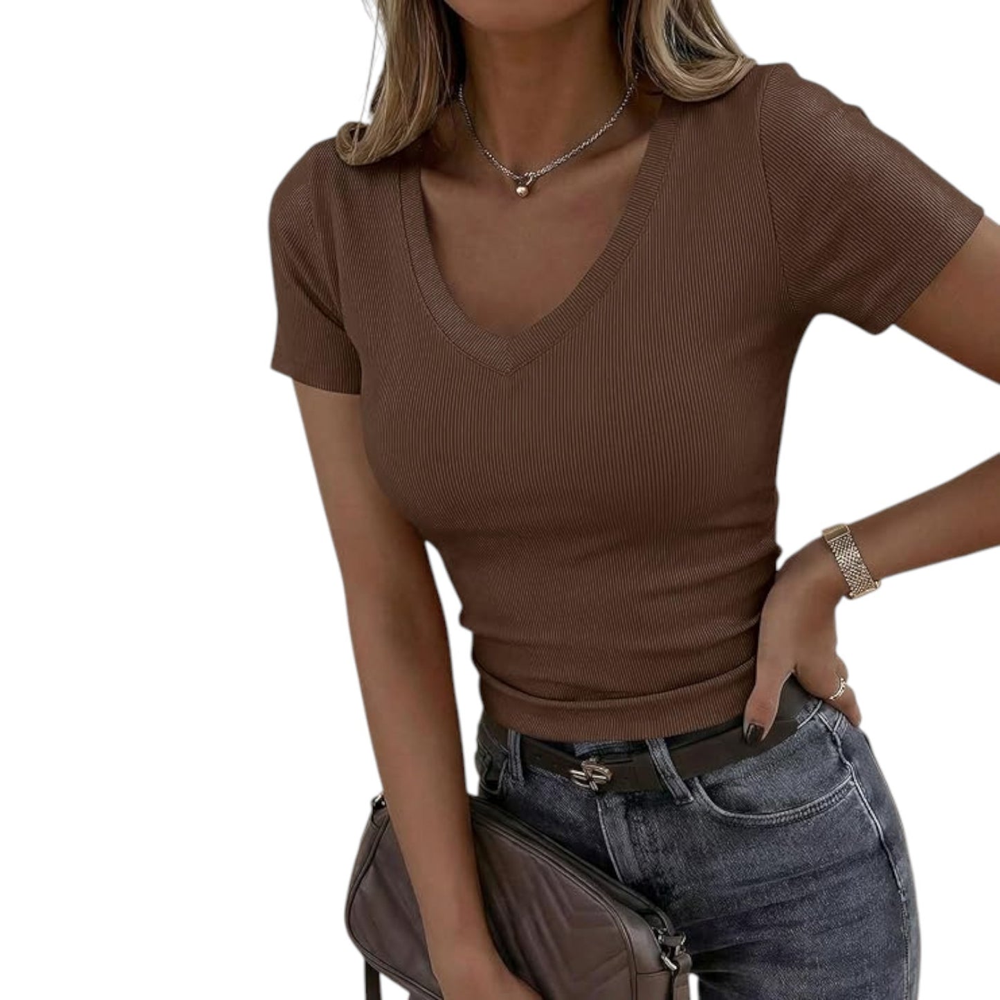 Cyrus Essentials Women Ribbed Short Sleeve Top, V, Scoop, & Crew Neck