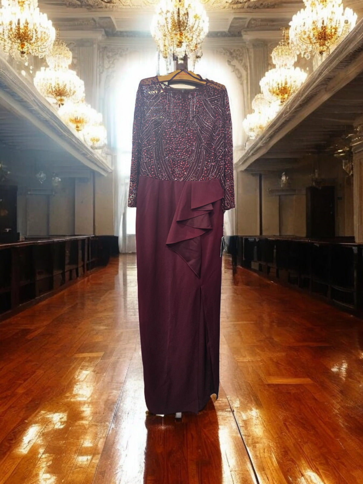 Adrianna Papell Burgundy Beaded Column Dress, 8