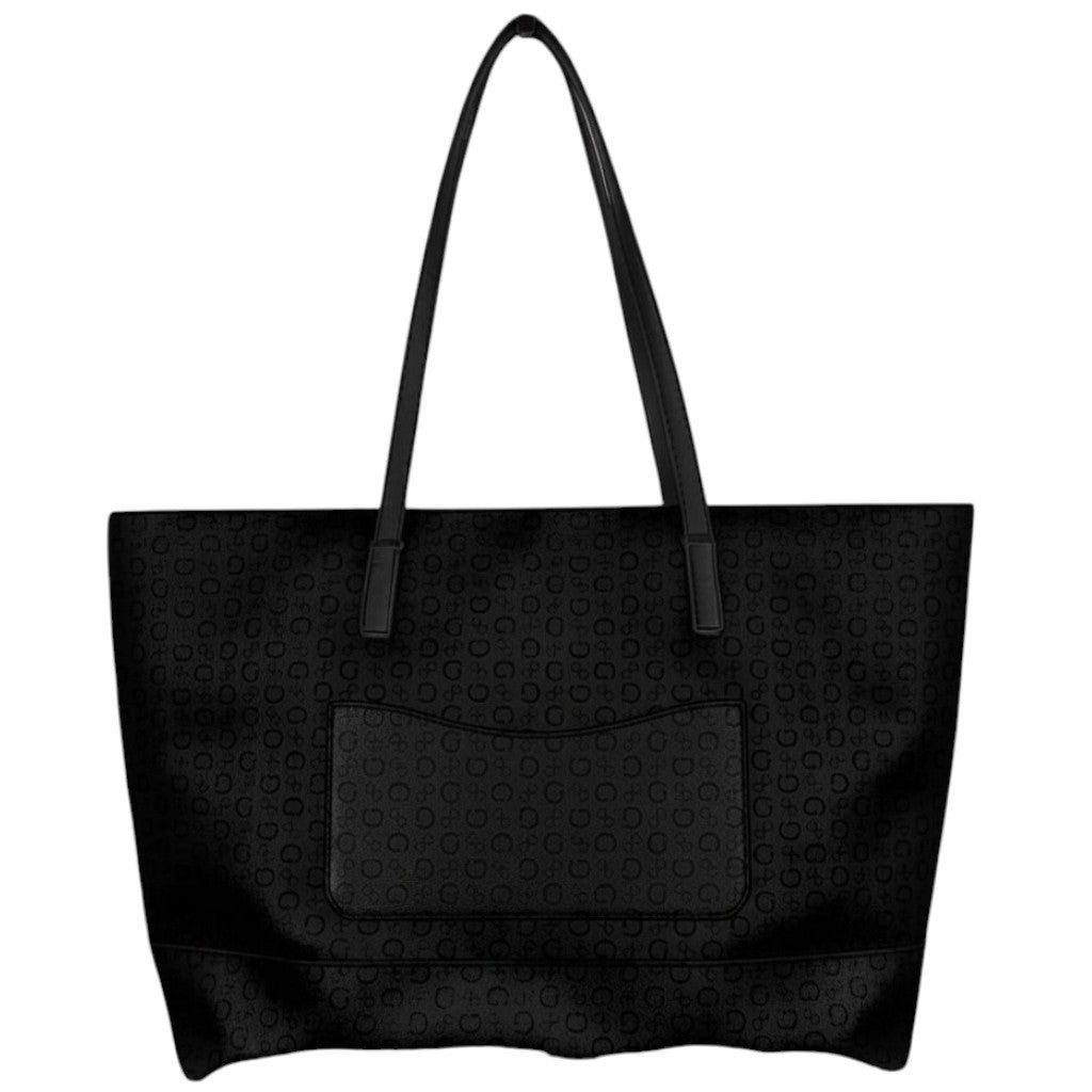 GUESS Black Logo Large Tote Bag Zip Closure Double Handles Pouch Silver Hardware