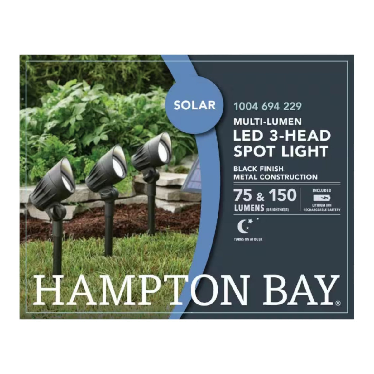 Hampton Bay 75-150 Lumen Black LED High-Low Metal 3-Head Outdoor Solar Spot Ligh