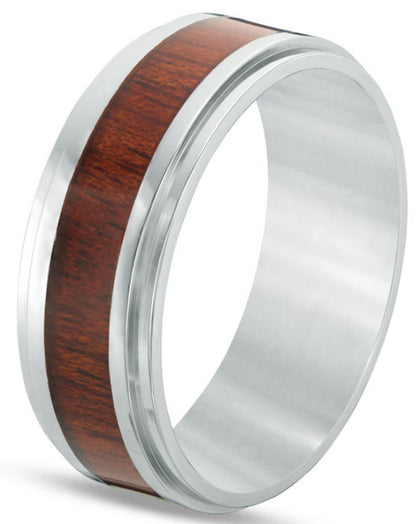 8mm KOA Wood Inlay with Polished Step Down Edges Ring