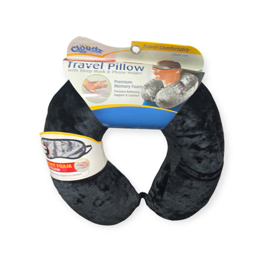 Cloudz Crushed Velvet Memory Foam Neck Pillow with Sleep Mask - Black