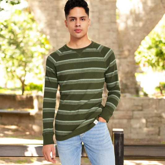 Sun And Stone Mens Striped Green Thermal Waffle Knit Long Sleeve Shirt XL-CM100