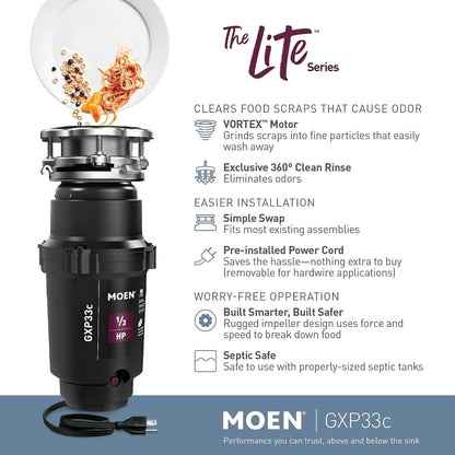 Moen The Lite GXP33c PRO Compact Garbage Disposal for Kitchen Sink 1/3 HP Black