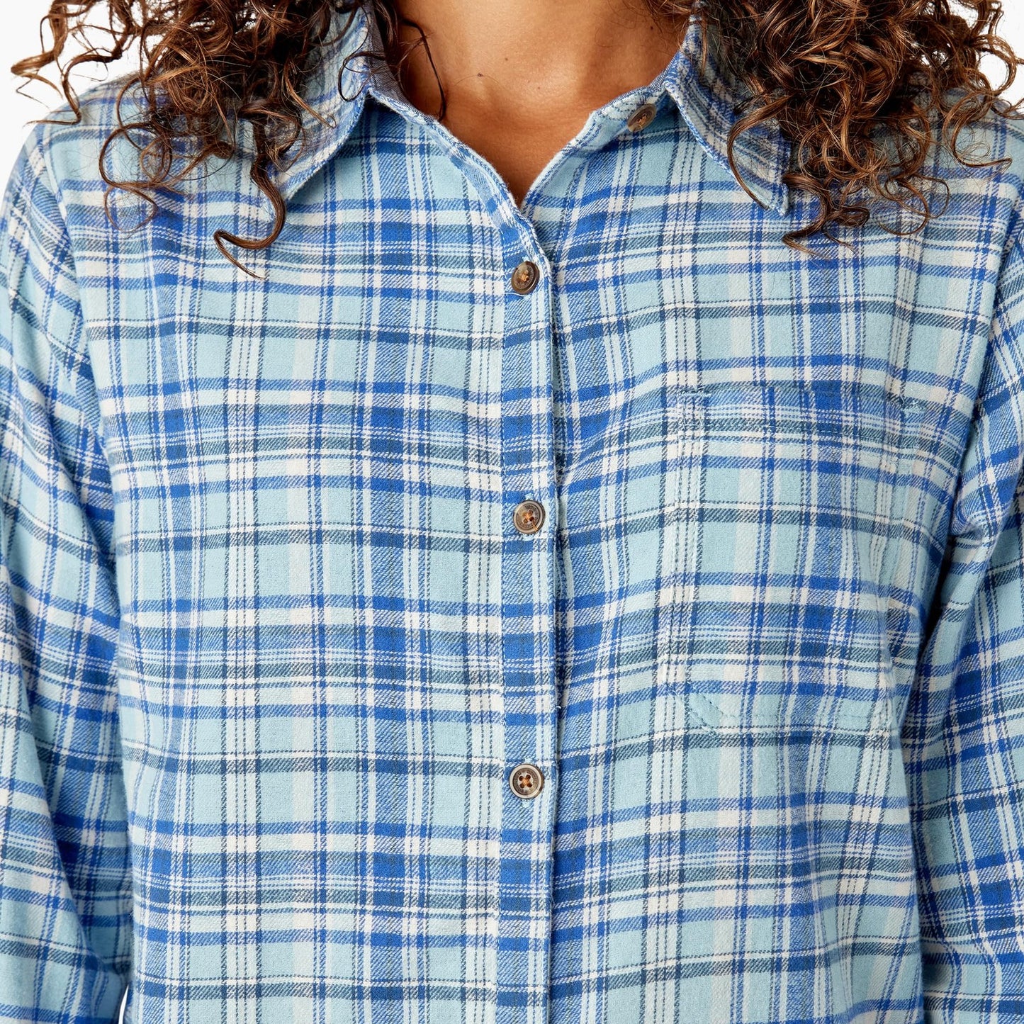 Women's Plaid Flannel Long Sleeve Shirt, Clear Blue Asymetrical Orchard Plaid, M