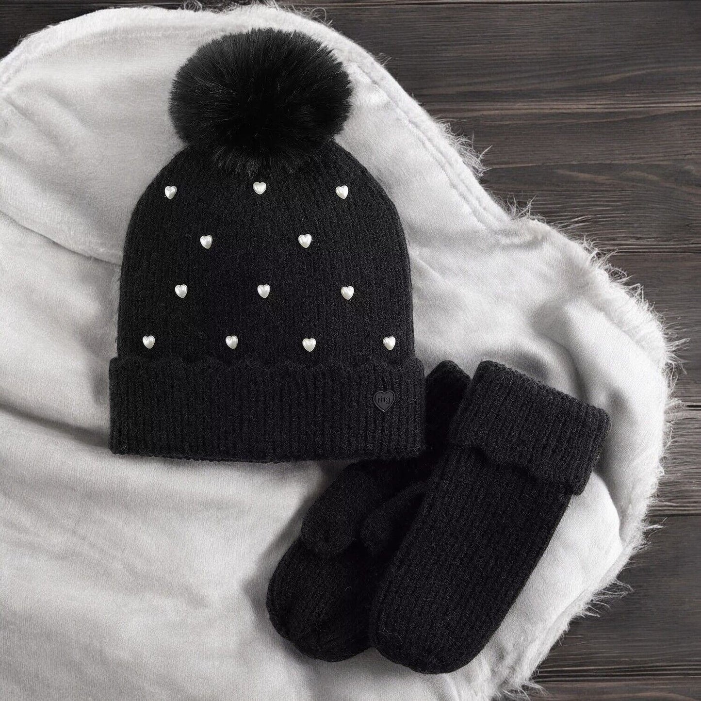 Girl's Madden Girl Beanie and Mitten Set, Black, (7-16)