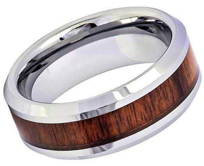 8mm Tungsten KOA Wood Inlay with Polished Beveled Edges Ring