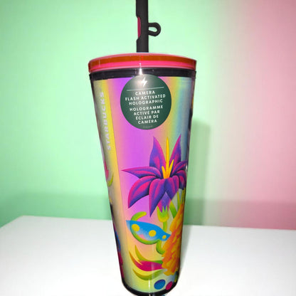 Starbucks Holographic 24oz Tumbler with Glow Dark Straw top NEW Limited Edition