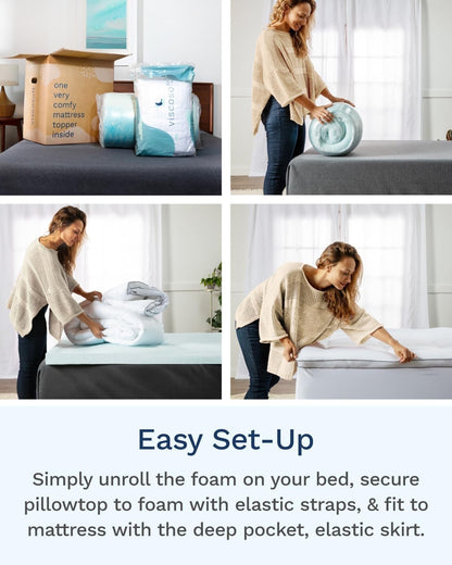 ViscoSoft 4 Inch Pillow Top Memory Foam Mattress Topper Queen  Cooling Hybrid...