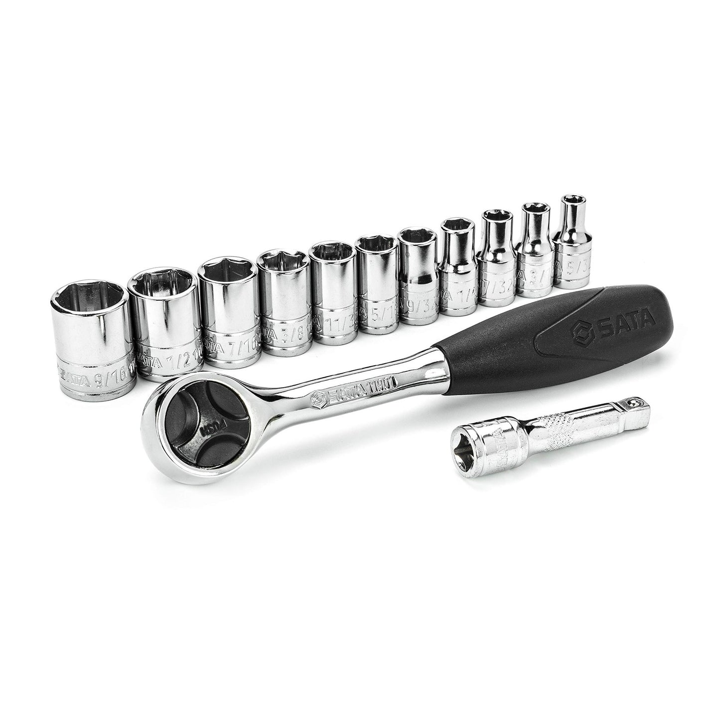 SATA 13-Piece 1/4 Inch Drive 6-Point SAE Socket Set with 60 Tooth Round Head Ra