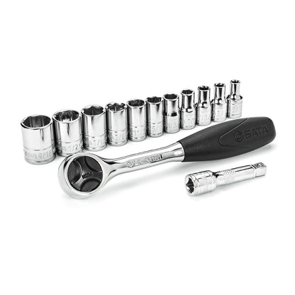 SATA 13-Piece 1/4 Inch Drive 6-Point SAE Socket Set with 60 Tooth Round Head Ra