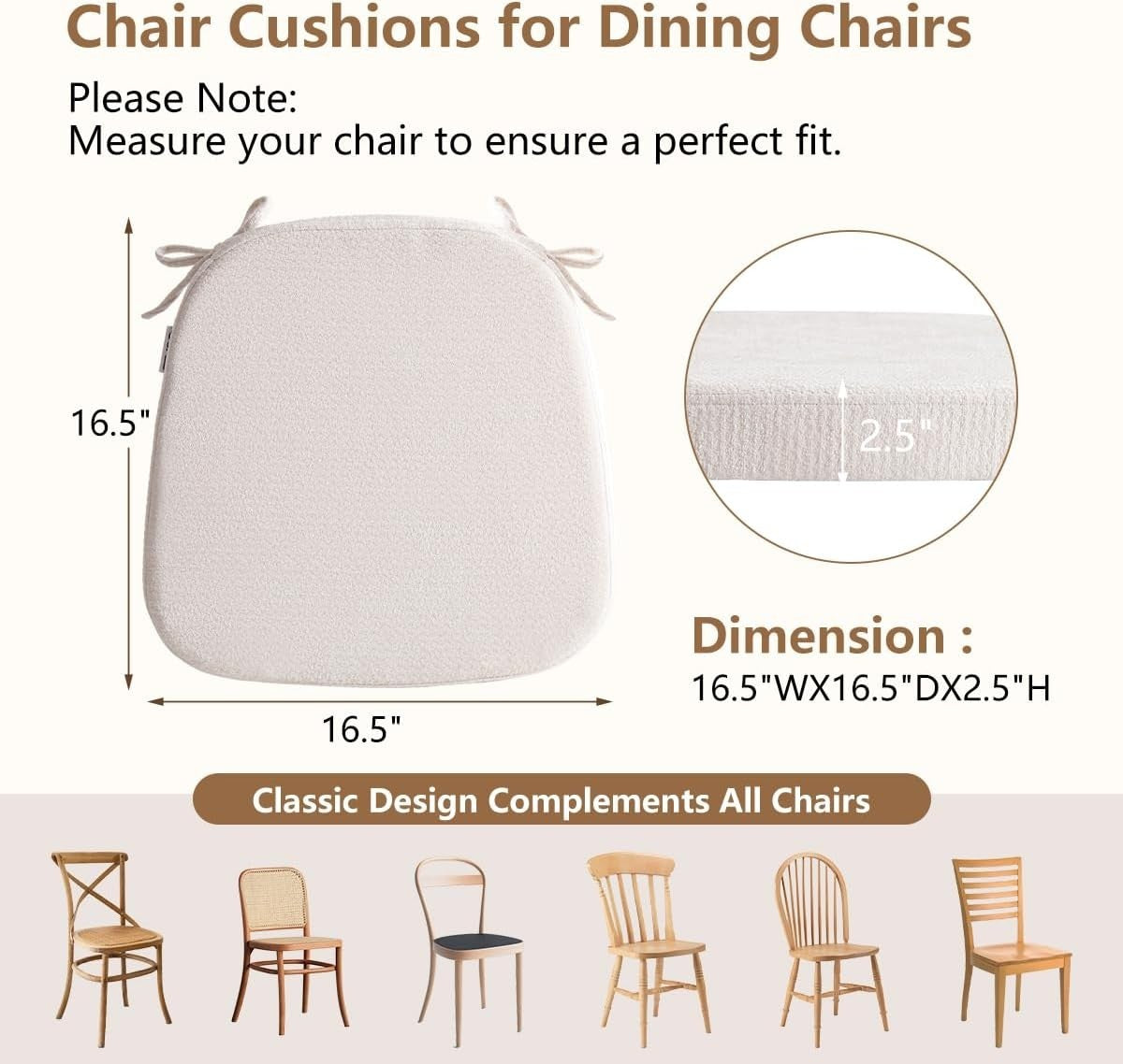 6 Chair Cushions for Dining Chairs, D-Shaped Seat Cushions, Removable, Washable
