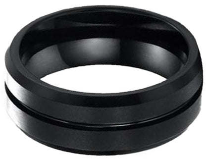 Black Matte Brushed Tungsten Carbide Center Groove Bevel Edge Men's Band