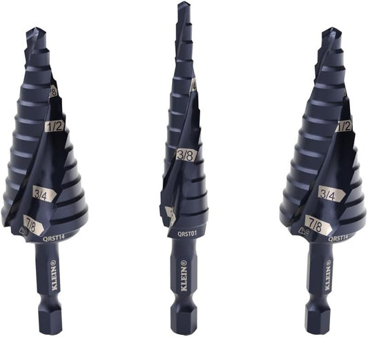 Klein Tools Step Drill Bit Set, Quick-Release, Double Fluted, 3-Piece