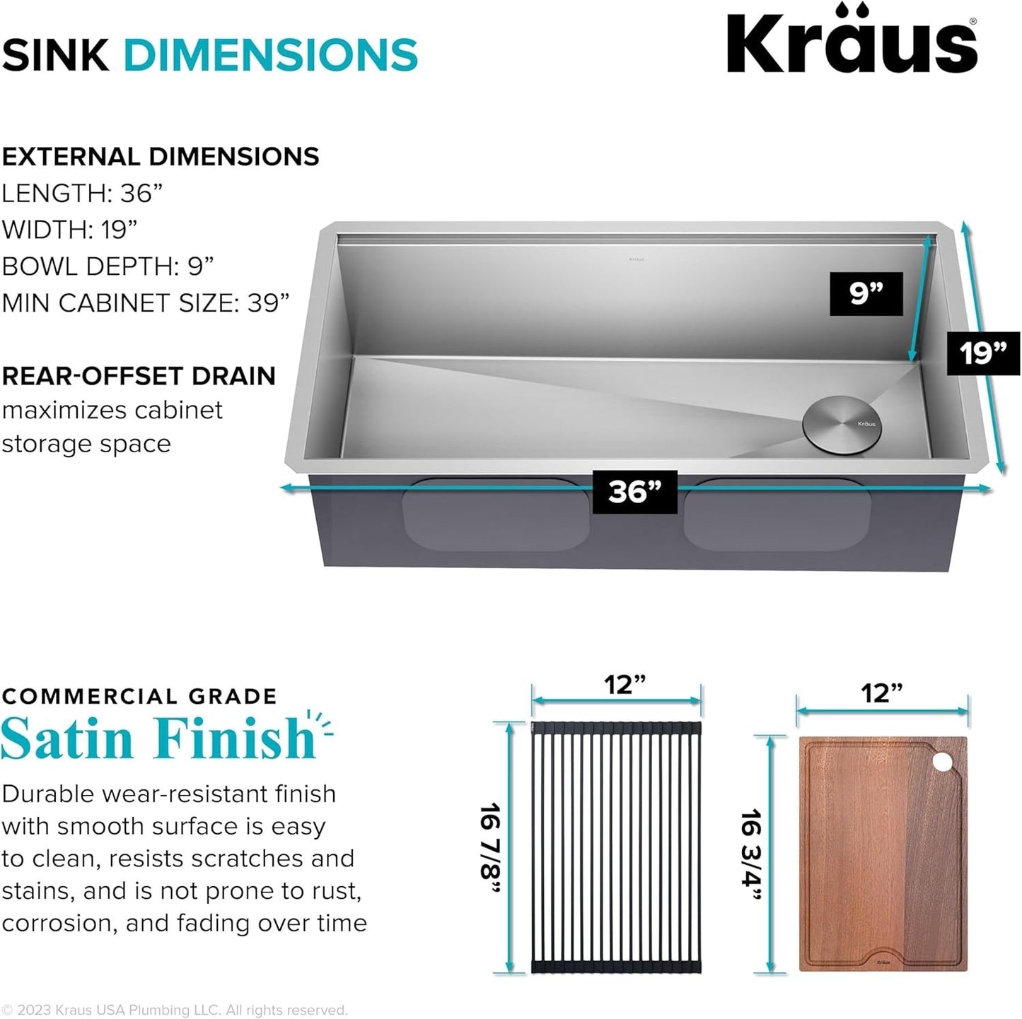 Kraus KWU110-36 Kore 36" Undermount Single Basin Stainless Steel - Stainless