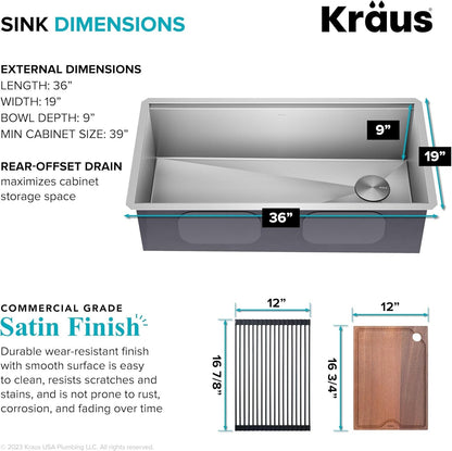 Kraus KWU110-36 Kore 36" Undermount Single Basin Stainless Steel - Stainless