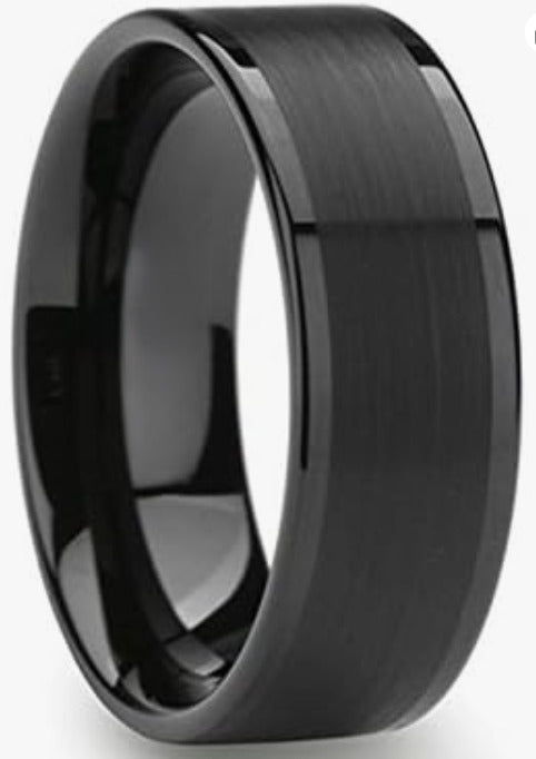 8mm Flat Black Tungsten Band with Brushed Center & Polished Edges