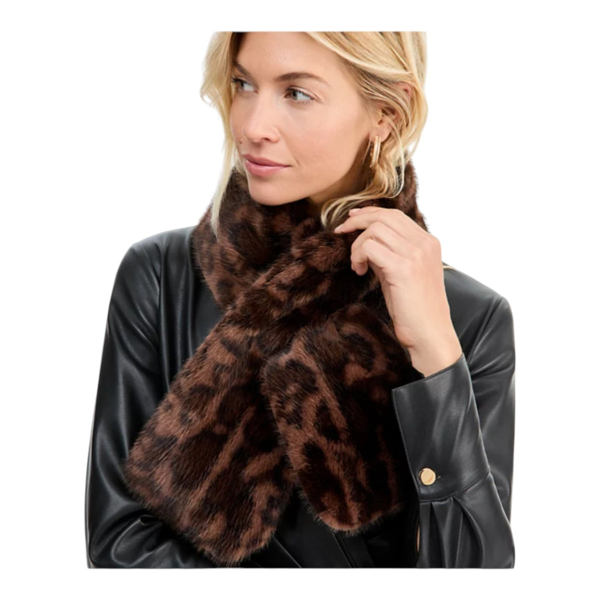 INC International Concepts Womens Faux Fur Pull-Through Scarf Leopard, Brown, Bl
