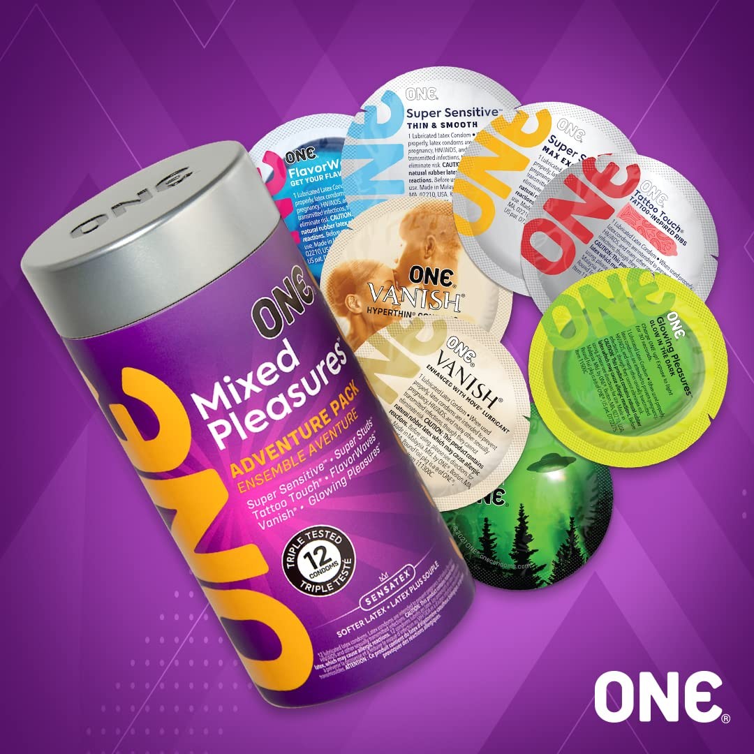 ONE® Condoms Mixed Pleasures™ | Variety Condom Pack | Thin Condoms, Glow in The