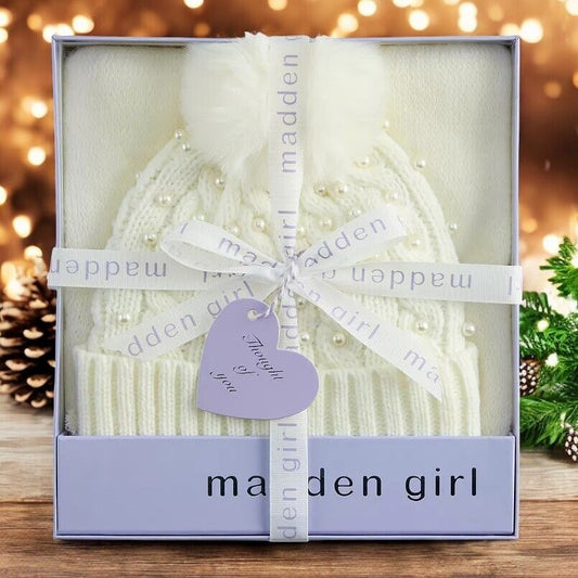 Madden Girl Juniors' Soft Scarf & Cable Knit Beanie Hat Boxed Set, Ivory