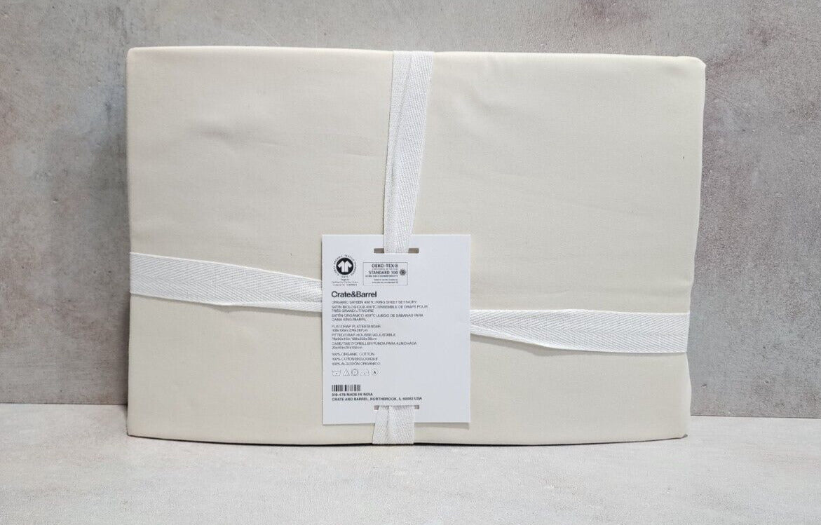 Crate&Barrel Organic 400 Thread Count Sateen Ivory King Sheet Set NWT!