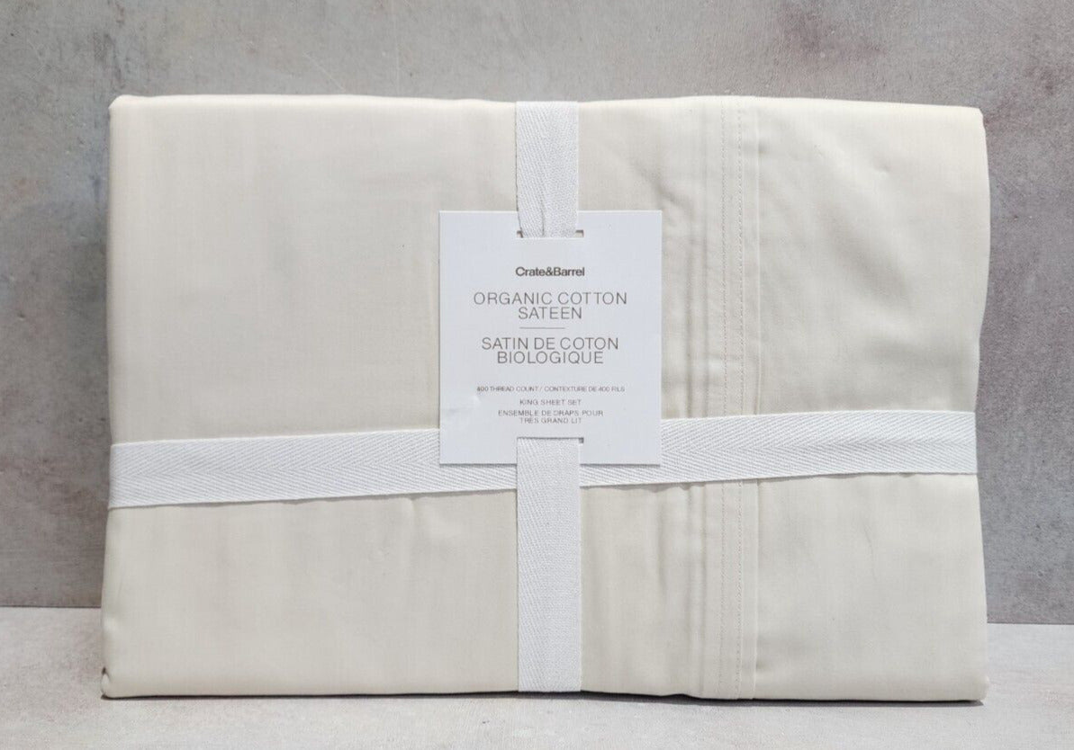 Crate&Barrel Organic 400 Thread Count Sateen Ivory King Sheet Set NWT!