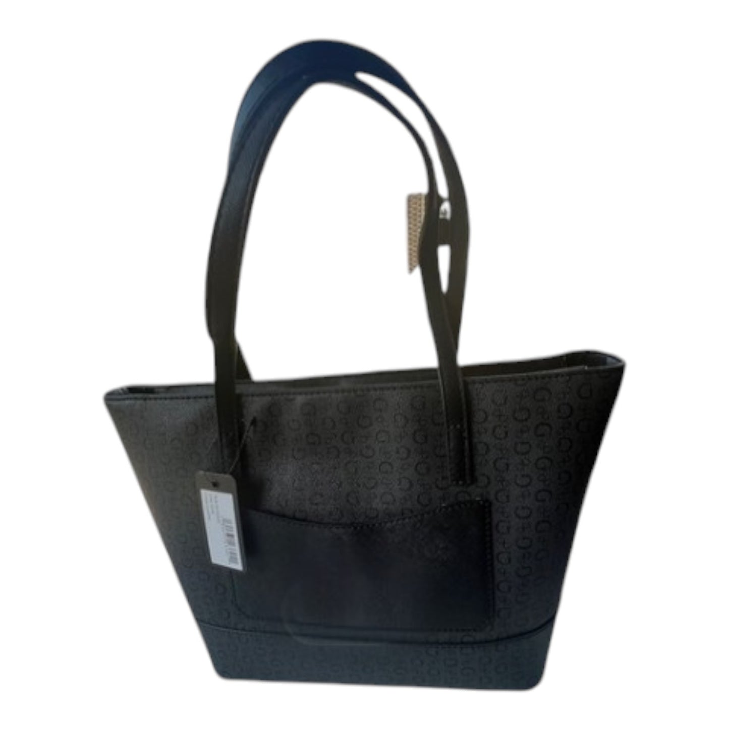 GUESS Black Logo Large Tote Bag Zip Closure Double Handles Pouch Silver Hardware