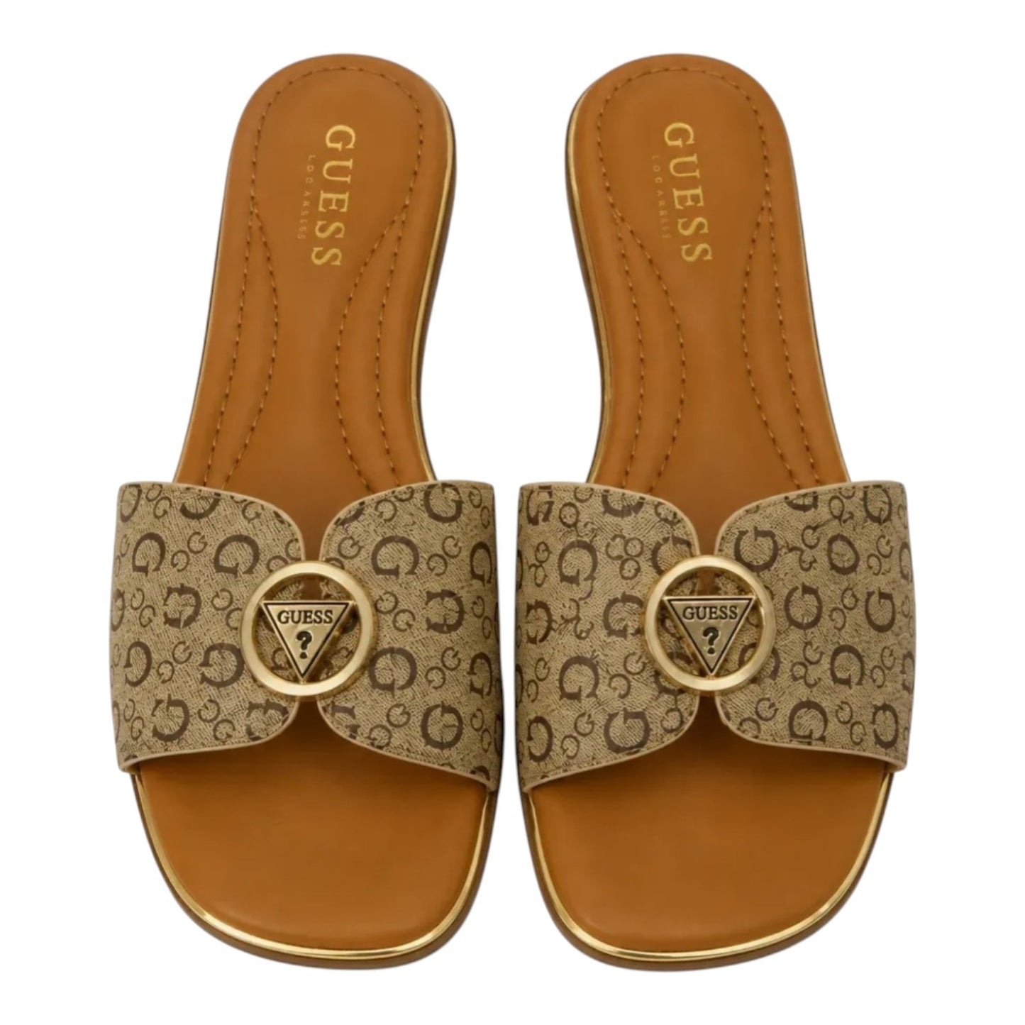 GUESS Women’s Beige Slip-On Flat Slide Sandals Gold Logo