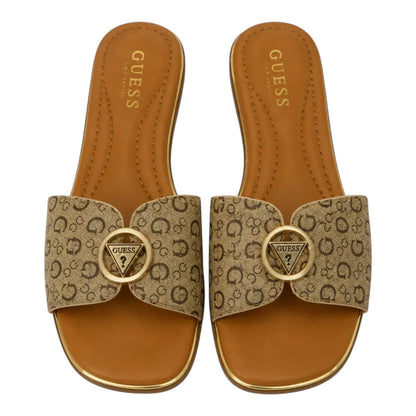 GUESS Women’s Beige Slip-On Flat Slide Sandals Gold Logo