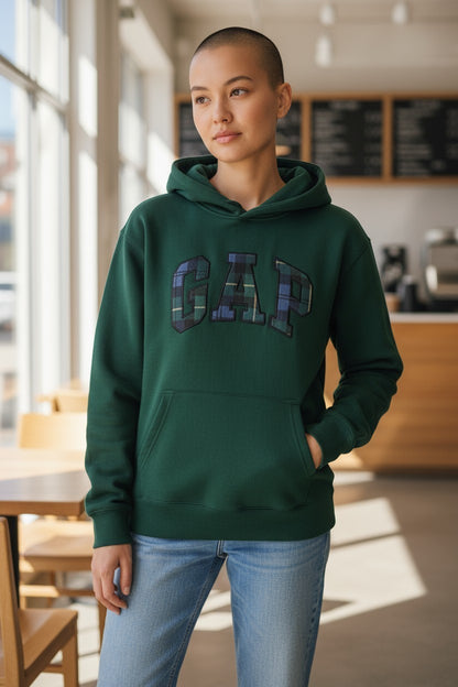Gap Unisex Kid's Vintage Soft Relaxed Plaid Logo Green Hoodie
