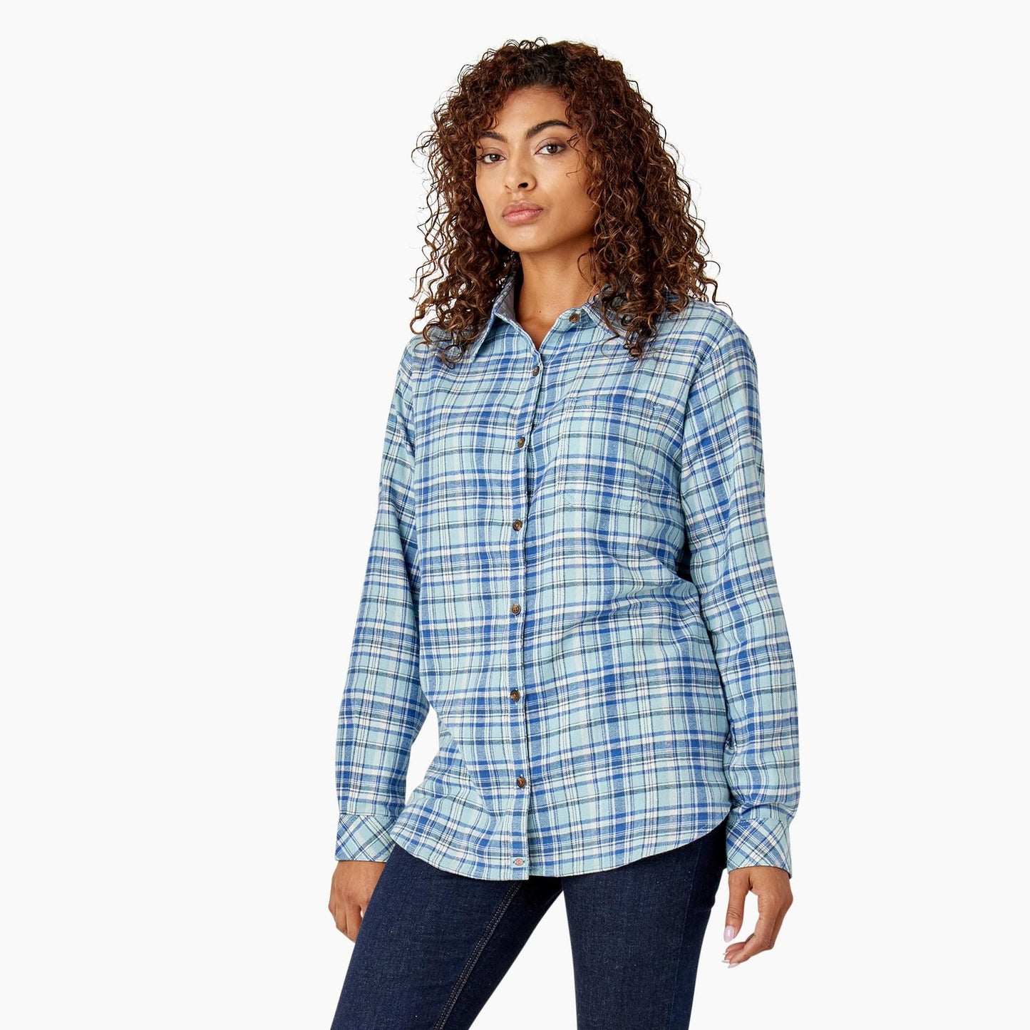 Women's Plaid Flannel Long Sleeve Shirt, Clear Blue Asymetrical Orchard Plaid, M