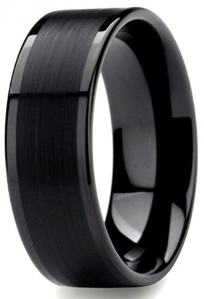 8mm Flat Black Tungsten Band with Brushed Center & Polished Edges