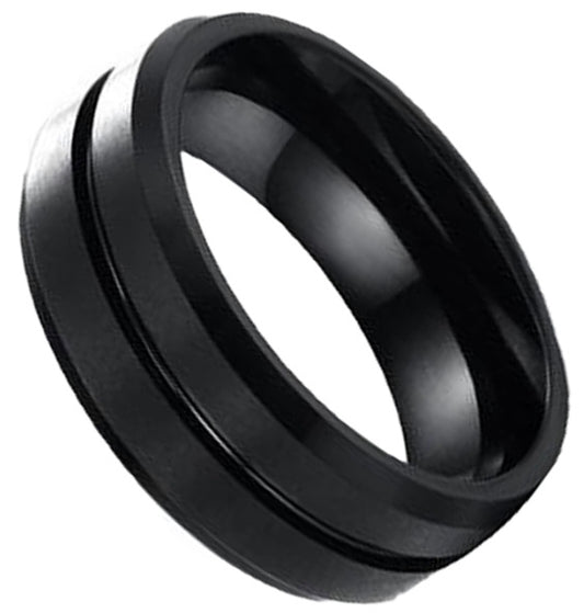 Black Matte Brushed Tungsten Carbide Center Groove Bevel Edge Men's Band