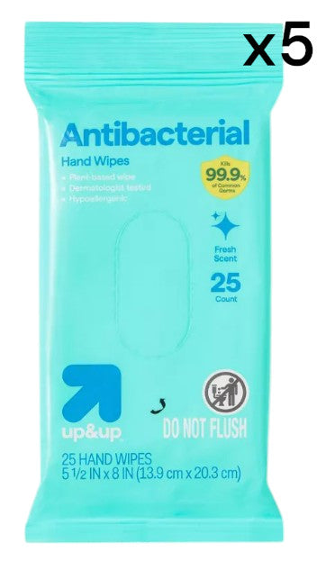 Antibacterial Wipes, Fresh Scent, 5 Packs of 25 Wipes, 125 Total Wipes